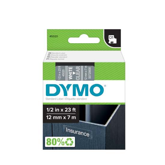 Dymo 45020 D1 Tape 12mm x 7m wit op Transparant