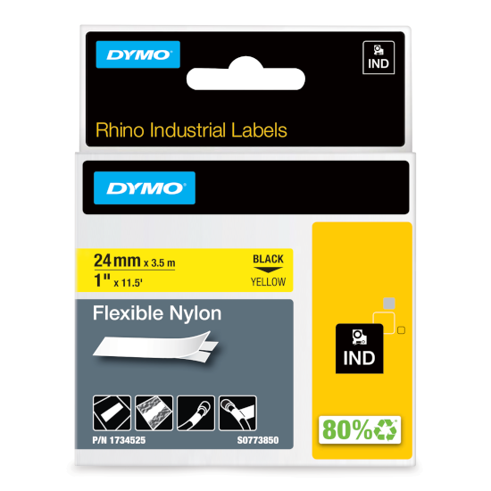 Dymo 1734525 RHINO flexibel nylon zwart op geel 24mm