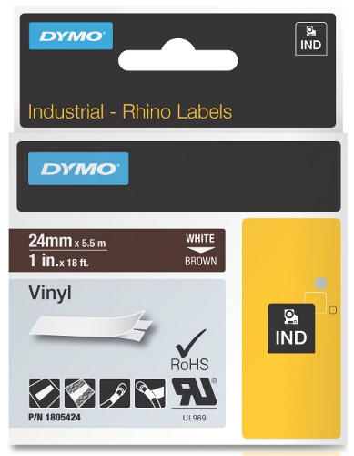 Dymo RHINO 1805424 vinyl wit op bruin 24mm - EOL Dymo RHINO 1805424 vinyl wit op bruin 24mm - EOL