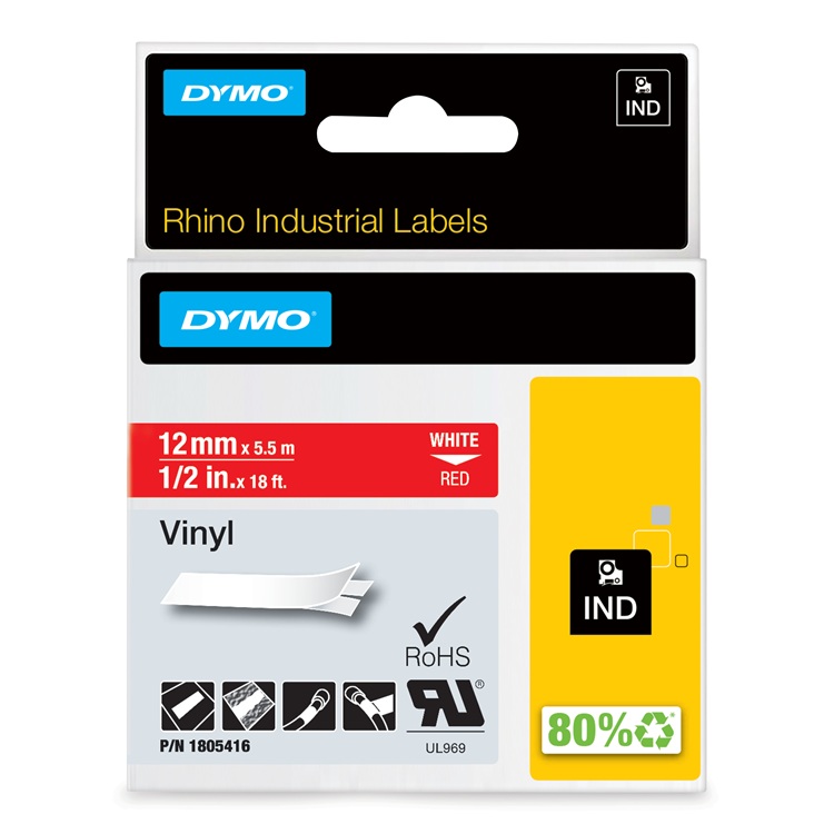 Dymo RHINO 1805416 vinyl wit op rood 12mm