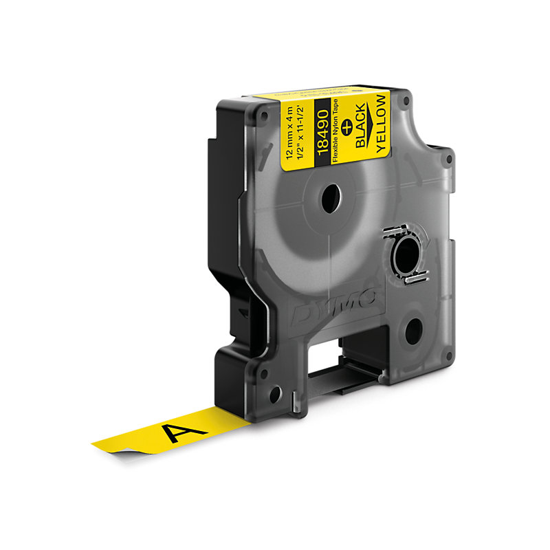 Dymo 18490 RHINO flexibele nylontape zwart op geel 12mm Dymo 18490 RHINO flexibele nylontape zwart op geel 12mm