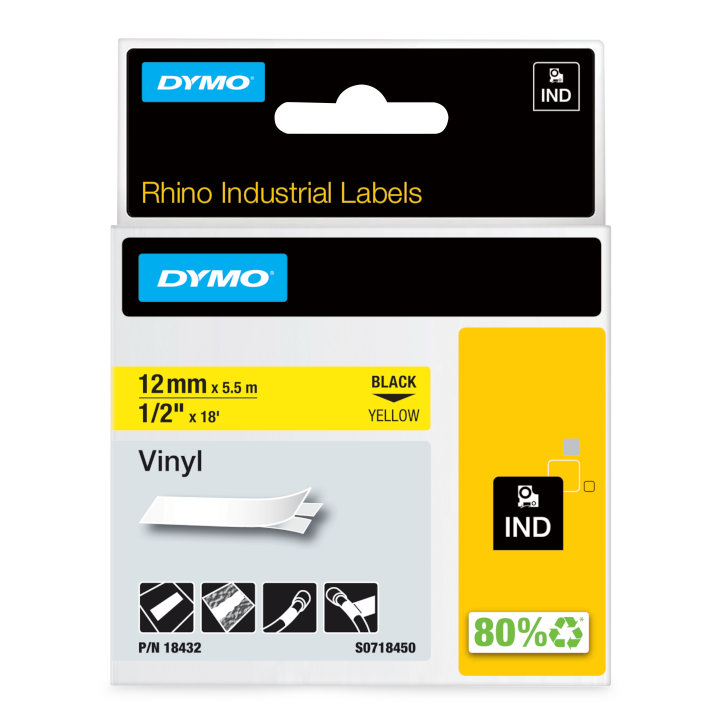 Dymo 18432 RHINO vinyl zwart op geel 12mm