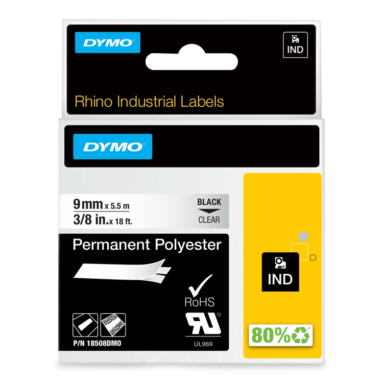 Dymo RHINO 18508 Permanente Polyester Tape zwart op transparant 9mm - EOL