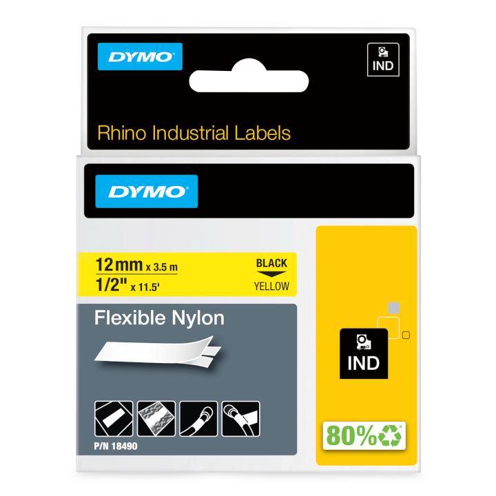 Dymo 18490 RHINO flexibele nylontape zwart op geel 12mm