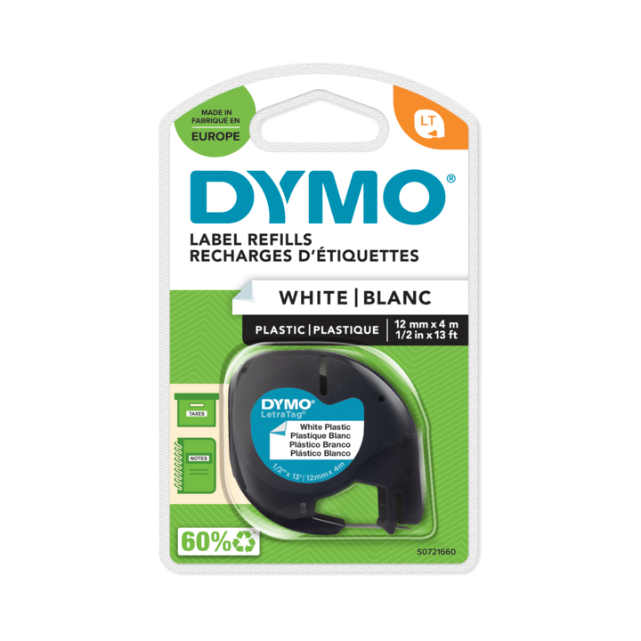 Dymo LetraTag plastic tape zwart op parelwit 12mm