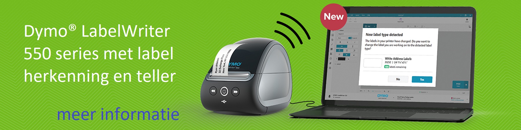 Dymo® LabelWriter 550 serie herkent de rol en telt hoeveel etiketten nog over zijn LabelWriter banner