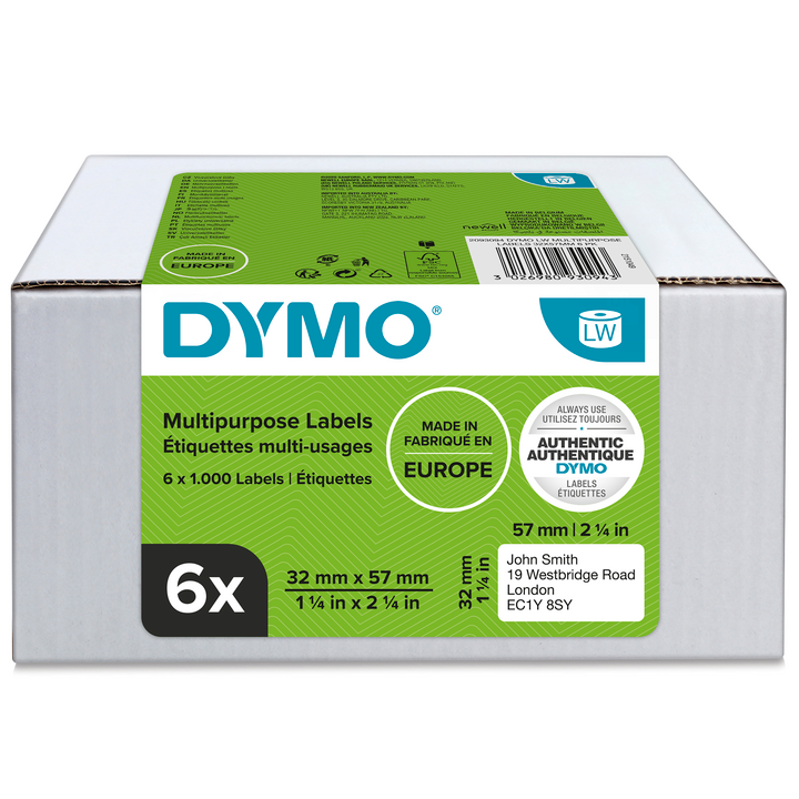 Dymo 2093094 etiket 6-pack 32x57mm wit papier, verwijderbaar