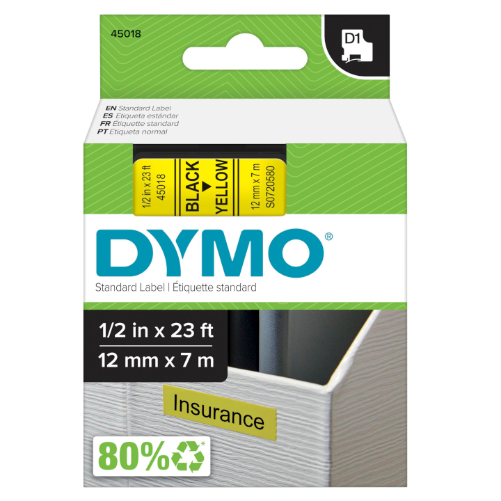 Dymo 45018 D1 Tape 12mm x 7m zwart op geel